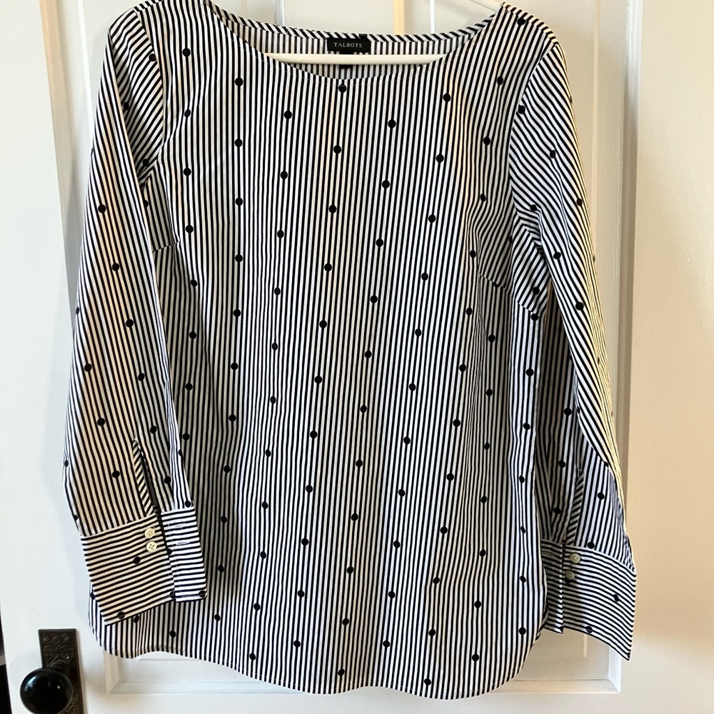 Talbots Black and White Striped Blouse with Polka Dots and Cuffs M
